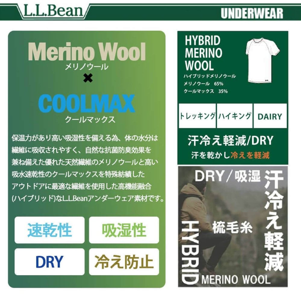 L.L.Bean エルエルビーン メンズ 半袖インナーシャツ ドライ 吸湿速乾 吸水速乾 通気性 汗冷え防止 抗菌防臭 肌着 下着 Tシャツ トップス 登山用 トレーニングウェア スポーツウェア アウトドア ブランド M L XL 春 夏 秋 karlas