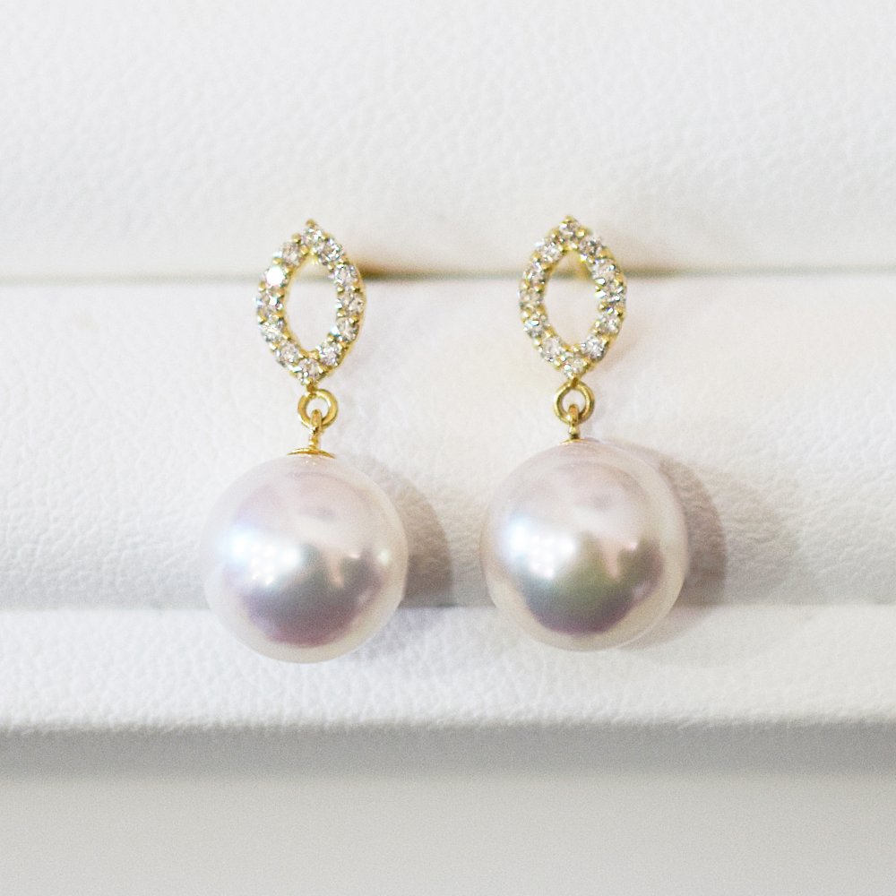 ［pearl626］ 8mm -  8.5mm パール ピアス ダイヤ あこや真珠 K18YG K18WG 0.06ct ダイヤモンド 天草