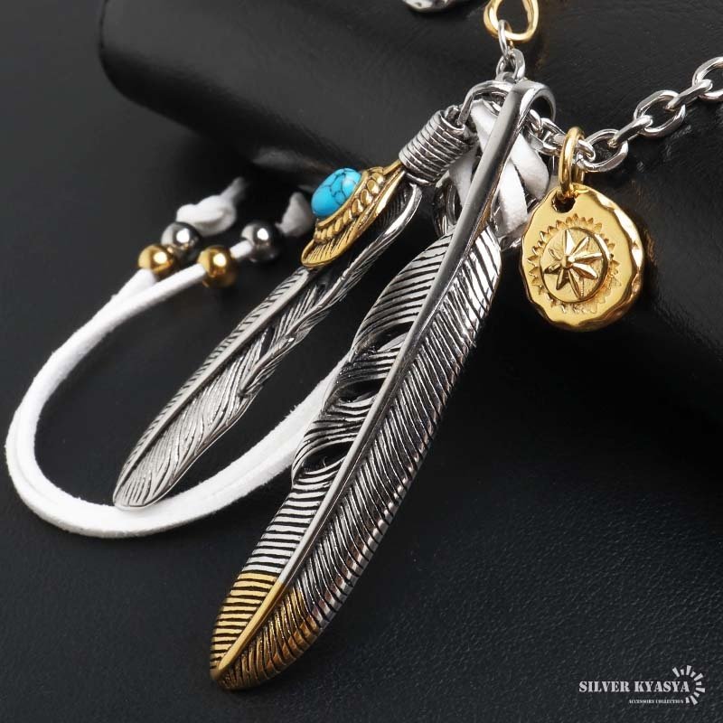 ステンレス フェザーネックレス インディアンジュエリー ペンダントネックレス メンズネックレス 18KGP 太角 あずきチェーン 太陽メタル 細身 羽根 イーグル 精巧 立体的 かっこいい 男性 金属アレルギー対応