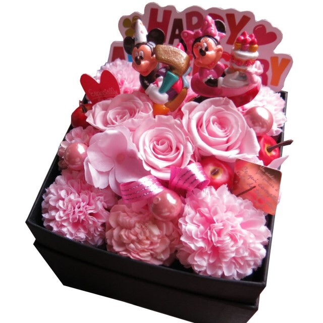 結婚記念日 ミッキー ミニー入り 花束風フラワーボックス 枯れないプリザーブドフラワー入り 箱を開けてサプライズ 人気 彼女 友人 女性 友達