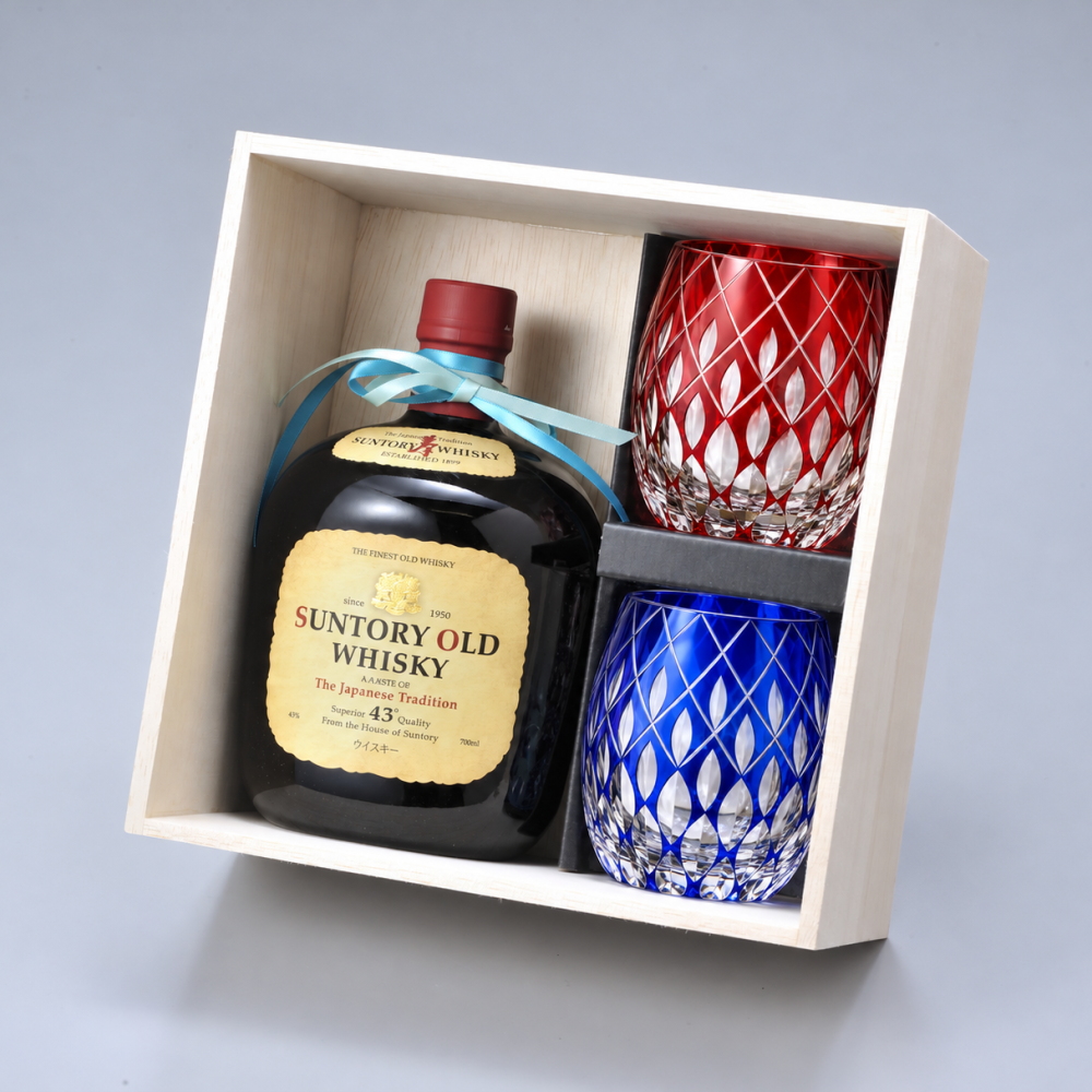 退職 異動 名入れ ペアギフト SXX 酒セット サントリーウイスキーオールド 700ml & 切子 丸型ロックグラス 玉響 青 赤 2点 リボン付 木箱入り / プレゼント ギフト 両親 夫婦 結婚 金婚式 銀婚式 退職 記念 誕生日 長寿 祝い 数量限定