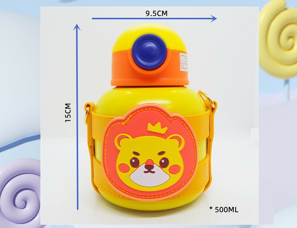 キッズ 水筒 ストロー付き 500ml 保冷 保温 316ステンレス 真空断熱 ボトル ショルダーストラップ カバー付き マグボトル 子供用 水筒 男の子 女の子 幼稚園 保育園 小学生 かわいい キャラクター ライオン カエル