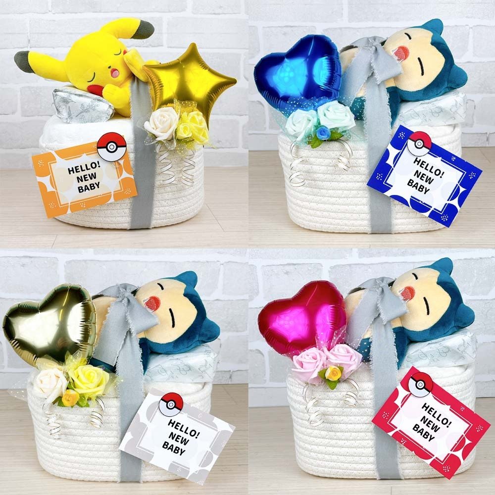 おむつバスケット ポケモン ピカチュウ カビゴン 送料無料 出産祝い ベビーギフト 女の子 男の子 プレゼント pokemon monpoke　名入れ バルーン インスタ映え パンパース おむつケーキ ダイパーケーキ おむつタワー バスケット おむつケース おむつ入れ おむつストッカー カラリ