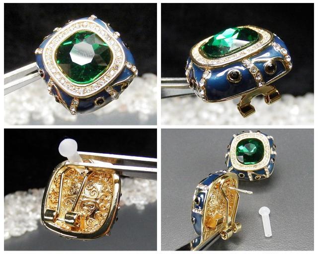 七宝焼グリーン17面カット人工石合金大ぶりピアスシルバー925ポスト