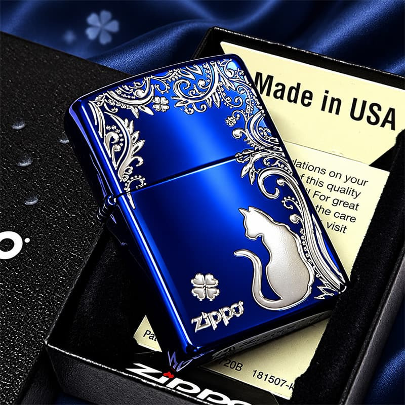 ZIPPO ライター ねこ キャット ジッポ 猫 クローバー 青 ロゴ 四つ葉 かわいい おしゃれ ジッポー ブルー 銀差し ネコ 可愛い 女性 レディース メンズ ギフト プレゼント