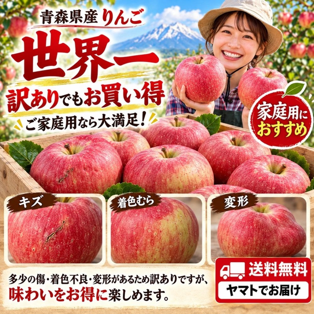 青森県産　りんご　世界一　特大　訳あり　家庭用　5kg　9～14玉　送料無料！