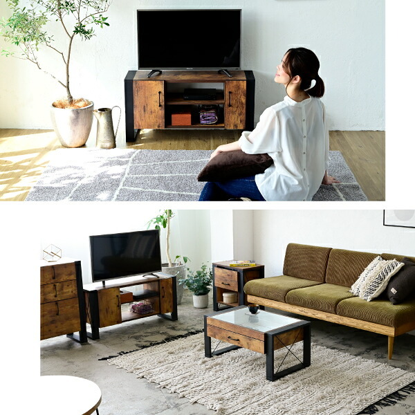 テレビ台 テレビボード ヴィンテージ風シートがおしゃれなブルックリンスタイルの 。無骨すぎないデザインで男女問わずご使用いただけます。可動棚で収納も柔軟に対応。