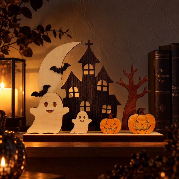 月夜のお化け屋敷　　国産紀州熊野檜・シナ ハロウィン かぼちゃ 飾り 置物 インテリア 木製 ナチュラル 大人 ギフト プレゼント コンパクト 省スペース リビング 玄関 男の子 女の子 可愛い