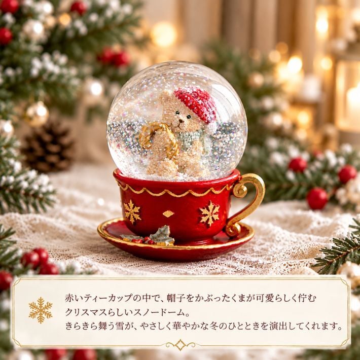スノードーム ティーカップ ベア レッド スモール ミニ クリスマス Xmas 飾り 冬 クマ オブジェ snow dome