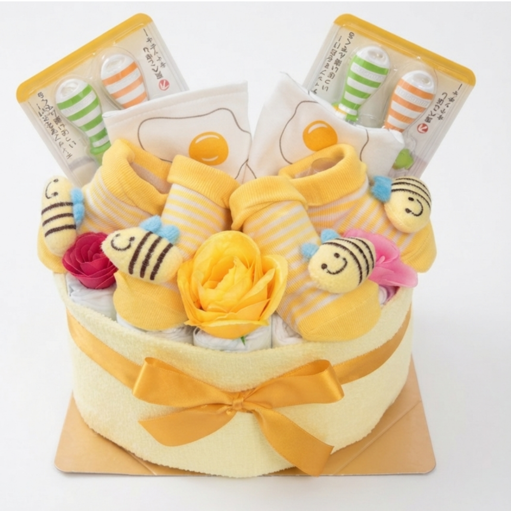 【送料無料】出産祝い おむつケーキ オムツケーキ 双子 男の子 女の子 はち 靴下 豪華 贈り物 Sサイズ