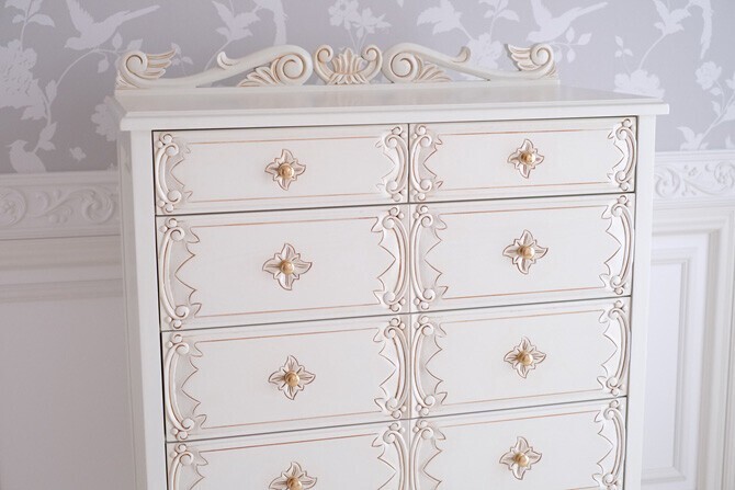 チェスト タンス たんす 小物 収納 引出 5段 ホワイト 白 姫系 フェミニン アンティーク調 ロココ調 猫脚 モンペリエ グランデ5段チェスト