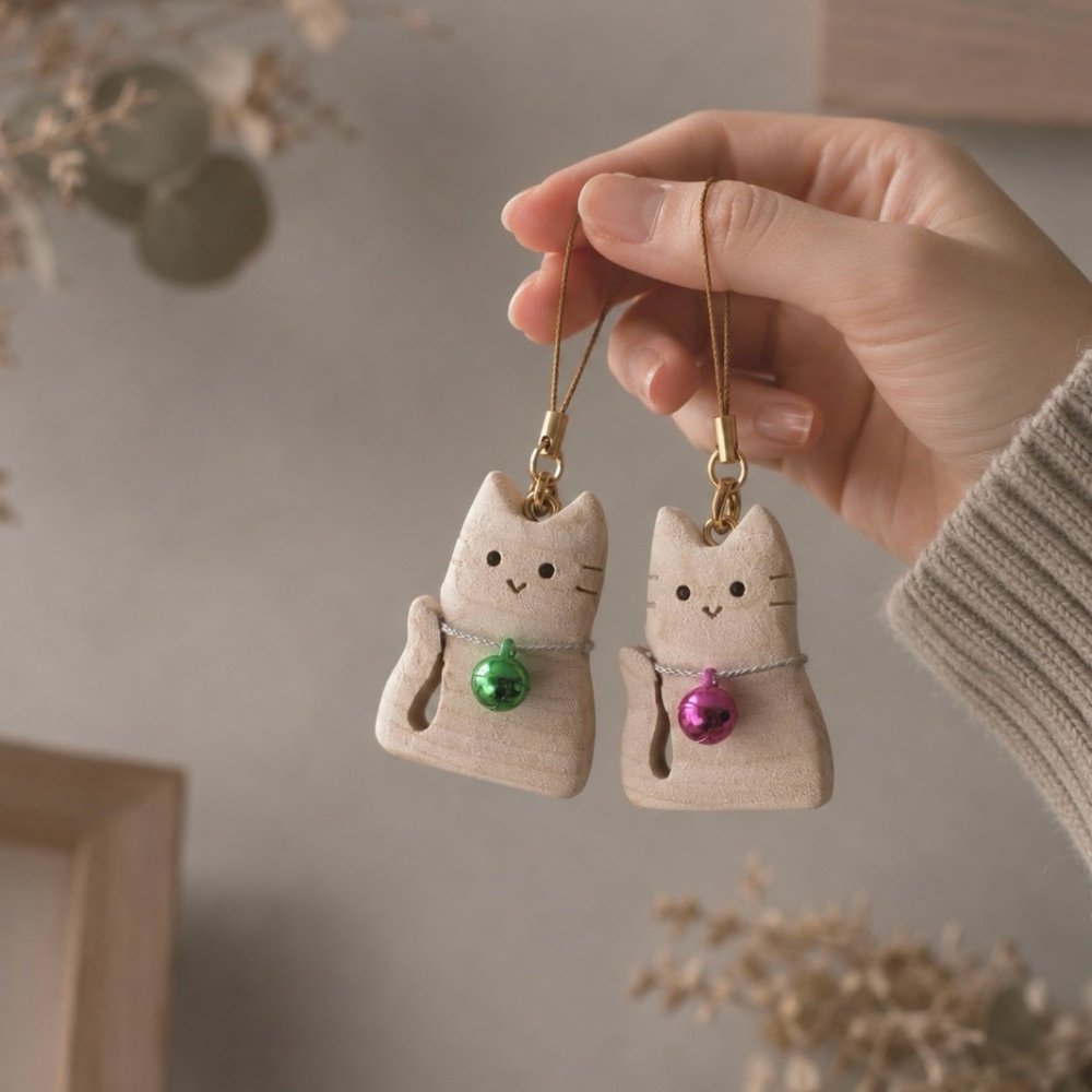 ねこの木製ストラップ｜国産ヒノキ｜かわいい猫モチーフ｜バッグ・ポーチ・鍵にも｜木のぬくもり