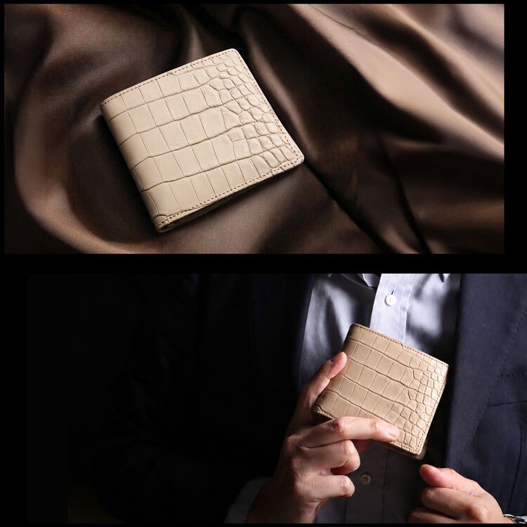 スモールクロコダイル 二つ折り財布 コンパクト財布 日本製 GranCroco 一枚革 ポロサス センター取り ヌメ革 植物 タンニン 鞣し マット 加工 ベジタブル ICFA LWG 認定 鰐革 保証書付 JRA 4FA (No.06002006)