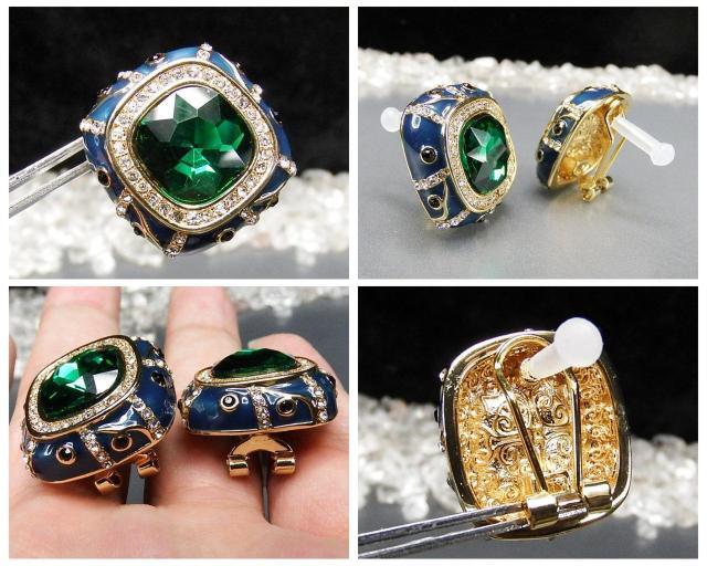 七宝焼グリーン17面カット人工石合金大ぶりピアスシルバー925ポスト