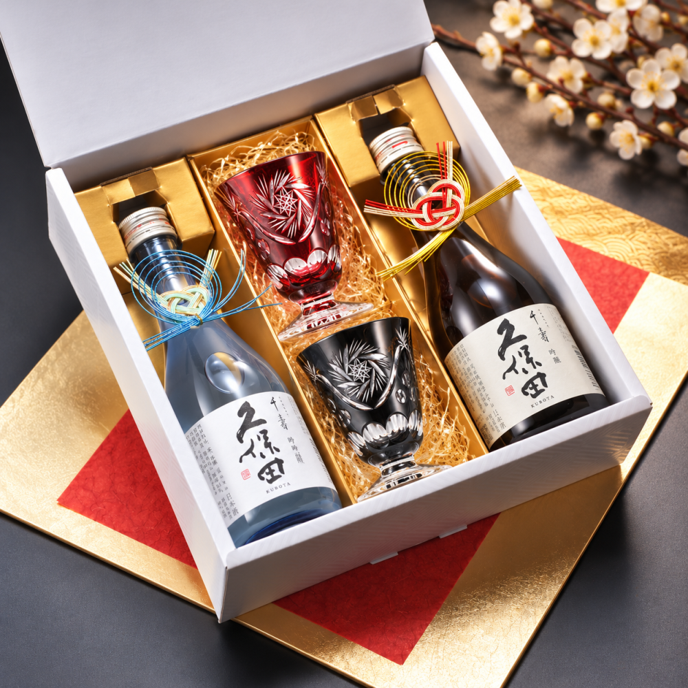 退職 異動 名入れ ペアギフト SXX 酒セット 日本酒 久保田 千寿 純米吟醸・吟醸 300ml & 切子 足付 お猪口 2点 水引飾り付 ギフトBOX入り / プレゼント ギフト 夫婦 結婚 金婚式 銀婚式 退職 記念 誕生日 長寿 祝い 冷酒盃 赤 青 黒 選べるカラー 飲み比べ