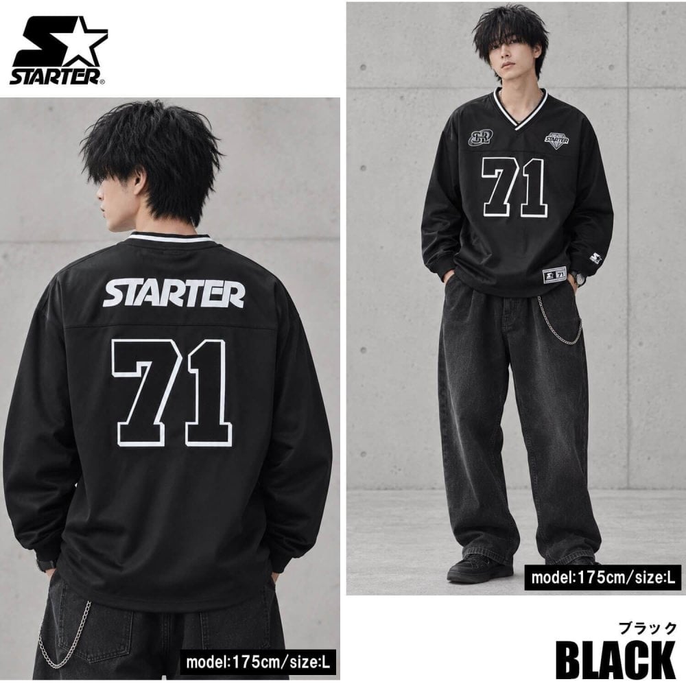 STARTER スターター ゲームシャツ メンズ レディース sbm-6260 長袖 Vネック ジャージ  ワッペン ロゴ 刺繍  オーバーサイズ ゆったり ストリート ヒップホップ ダンス M L XL 2026FW Karlas