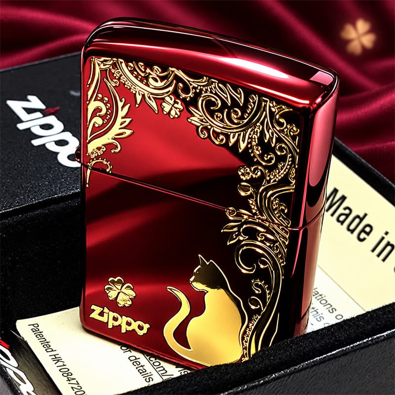 ZIPPO ライター ねこ キャット ジッポ 猫 クローバー ロゴ 四つ葉 かわいい おしゃれ ジッポー レッド 赤 ネコ 可愛い 女性 レディース メンズ ギフト プレゼント