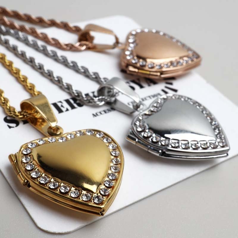 ステンレス ロケットネックレス ロケットペンダント ハートネックレス 写真 記念 思い出 ハワイアンネックレス ロープチェーン ゴールドネックレス 18KGP シルバー ピンク ストーン 男女兼用 金属アレルギー対応