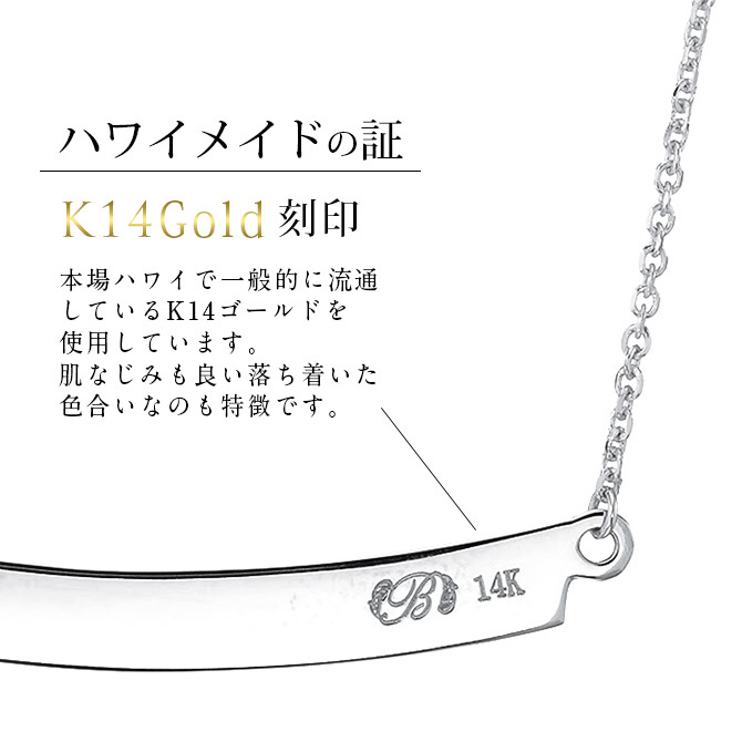 ゴールド ネックレス ハワイアンジュエリー ネックレス ホワイトゴールド ネックレス 刻印 無料 誕生石入れ可 ウェーブバー カーブ 14K K14ホワイトゴールド 14k k14カットあずきチェーン太0.9mm ギフトラッピング可能 プレゼント ハロウィン 【品番：CG-GP124W】