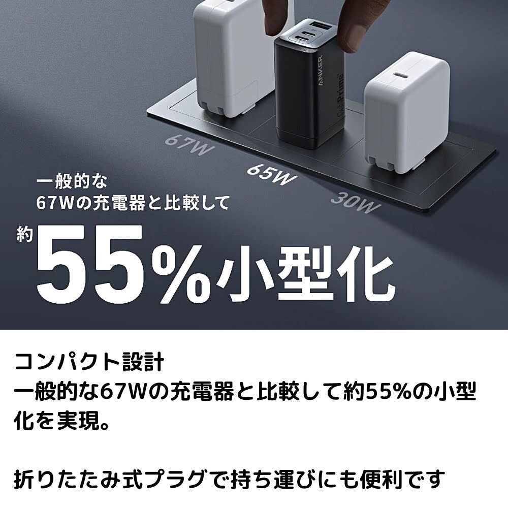Anker 735 Charger 急速充電器 ( GaNPrime 65W ) 3ポート 折りたたみ式【1.8mケーブルセット選択可 ／ PSE認証】国内モデル　新生活　外出　宿泊　旅行出張のお供