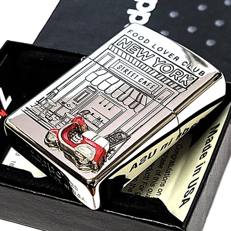 ZIPPO ライター ニューヨーク ジッポ 重厚立体メタル スクーター レッド 両面加工 おしゃれ シルバー レディース ギフト FOOD LOVER CLUB アメリカ NEW YORK かわいい 彫刻 メンズ 銀 プレゼント