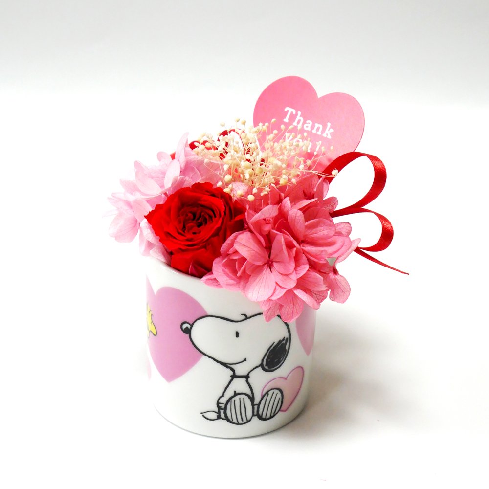 【公式ライセンス商品】スヌーピーハートミニカップレッド（Thank you・Happy Birthday・Congratulations) / プリザーブドフラワー 花 お花 フラワー フラワーギフト キャラ スヌーピー かわいい 雑貨 インテリア プレゼント ギフト 母の日 誕生日 記念日 お祝い