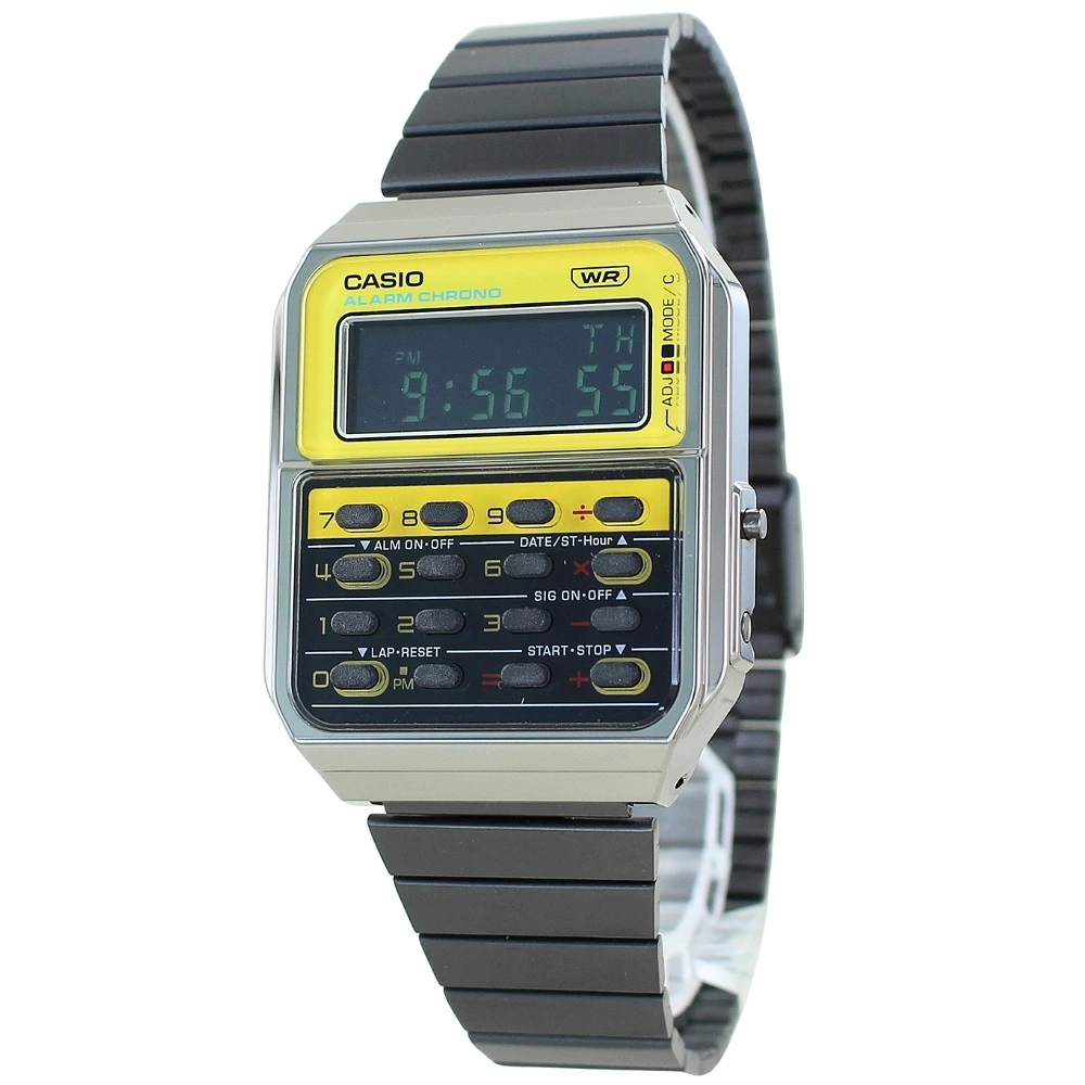箱なし カシオ 腕時計 メンズ レディース CASIO 電卓 デジタル ガンメタ イエロー レトロ ヴィンテージ デュアルタイム ストップウォッチ アラーム 海外モデル 逆輸入 プレゼント ギフト 成人 卒業 入学