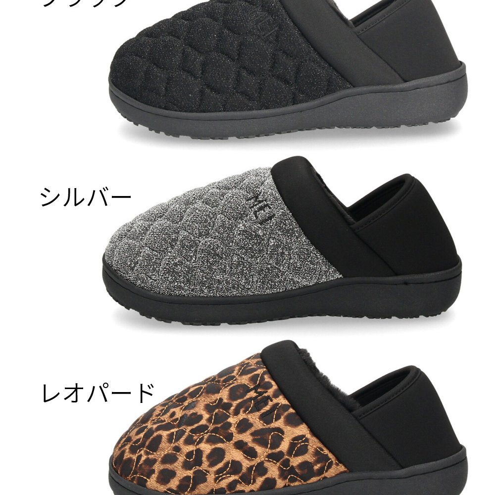 MEI メイ モックシューズ レディース SHL-263003 SHL-263002 キルティング ラメ レオパード ヒョウ柄 ボア スリッポン かかとが踏める 2WAY あったか スリッパ サボ シューズ ブラック シルバー 秋冬