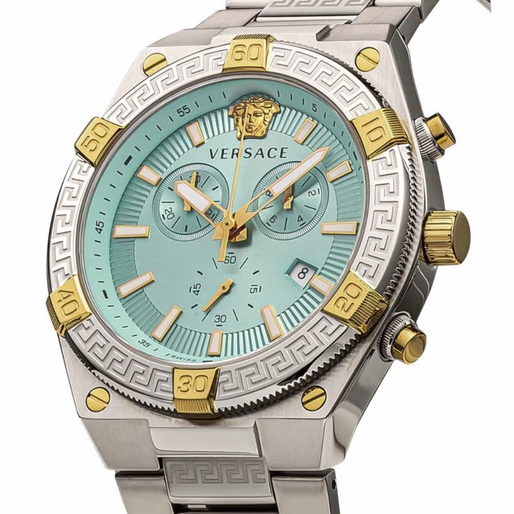 ヴェルサーチェ 腕時計 メンズ ライトブルー アクアブルー シルバー ゴールド クロノグラフ 46mm VERSACE SPORTY GRECA スイス製 メンズ腕時計 高級 ブランド おしゃれ プレゼント ギフト 成人 卒業 入学