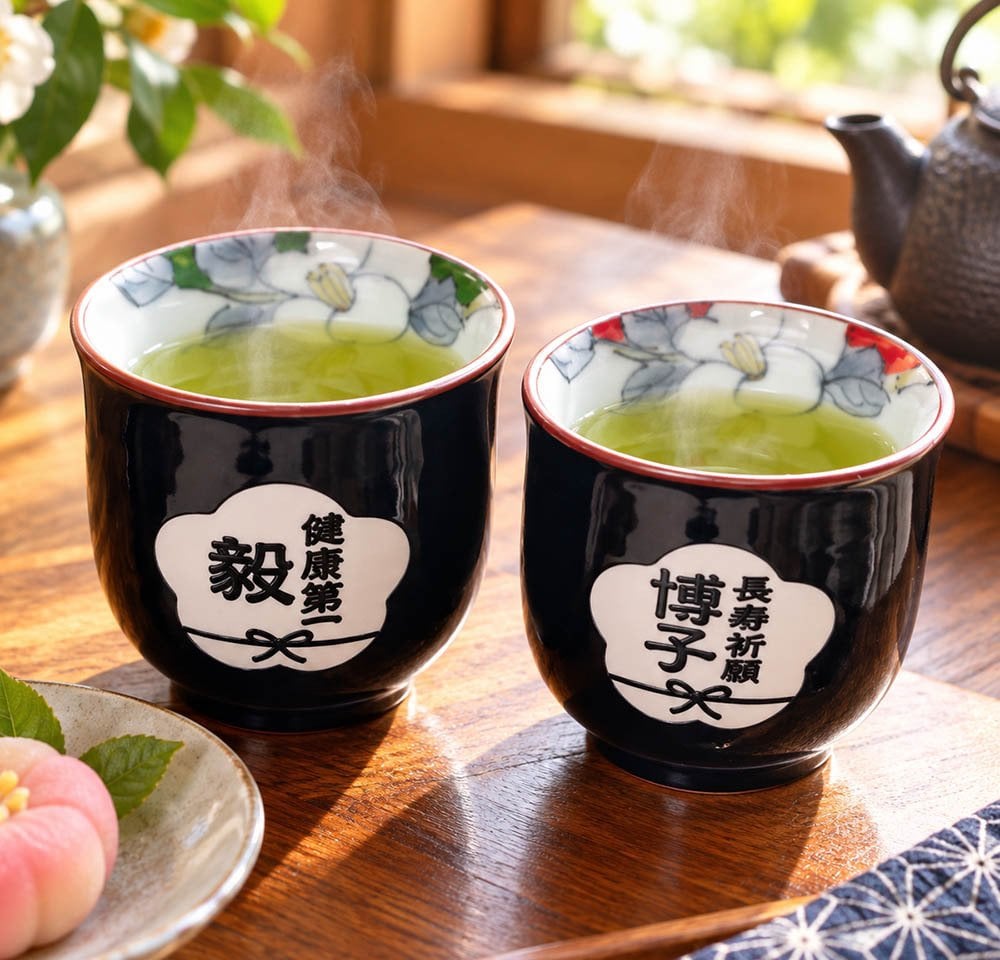 敬老の日 退職 名入れ ギフト SXX 波佐見焼 湯呑 内椿 単品 木箱入り / プレゼント ギフト 退職 記念 誕生日 還暦 緑寿 長寿 祝い 赤 緑 選べるカラー
