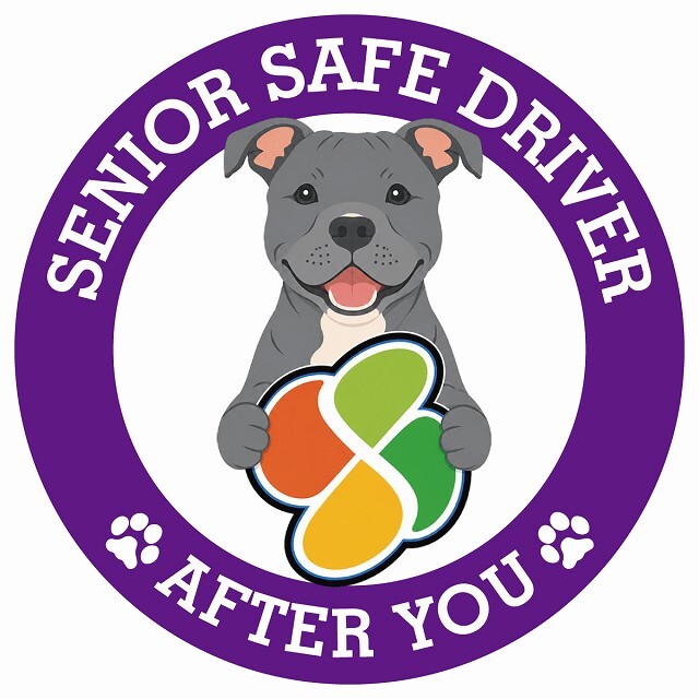 カーサイン 高齢者マーク SENIOR SAFE DRIVER スタッフォードシャーブルテリア ステッカー シール 直径13cm 肉球 日本製 車