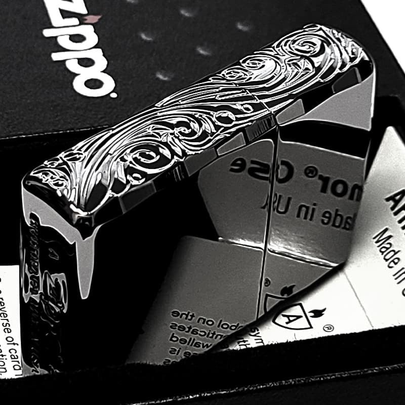 ZIPPO アーマー 三面彫刻 ストリームエングレーブ ブラックニッケルミラー ジッポ ライター 両面加工 シャインレイカット アラベスク 黒 おしゃれ 重厚 高級 メンズ かっこいい ギフト プレゼント