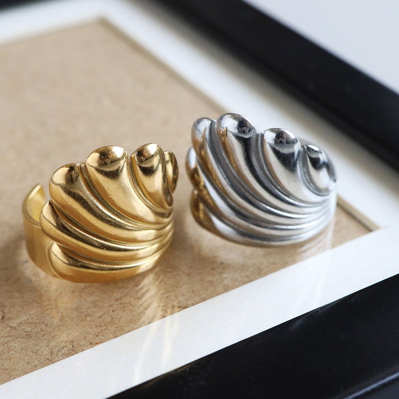 ステンレス ぷっくり シェルリング 個性的 ワイドリング ゴールド 18K GP シルバー フリーサイズ レディース 女性 指輪 金属アレルギー対応