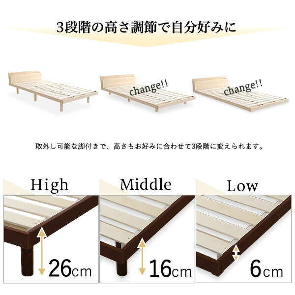 宮セット パイン材高さ3段階調整脚付きすのこ シングル インテリア 収納 宮棚 2口コンセント付き すのこ 高さ調整 スライドポケット 便利 組立て簡単 パイン材 ホルムアルデヒド