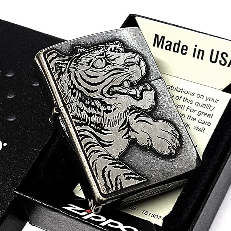 ZIPPO 守護虎 大型メタル貼り タイガー 和柄 クロームイブシバレル 銀 ライター 虎 縁起物 ジッポ アンティーシルバー  日本 おしゃれ 虎彫刻 かっこいい 渋い ギフト メンズ プレゼント