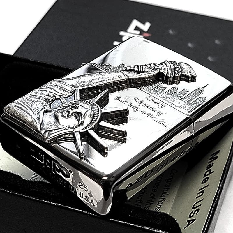 ZIPPO ライター 自由の女神 シルバー ジッポ 両面加工 ニューヨーク アメリカ 彫刻 ニッケル燻し 重厚立体メタル 銀 かっこいい Statue of Liberty おしゃれ レディース メンズ ギフト プレゼント