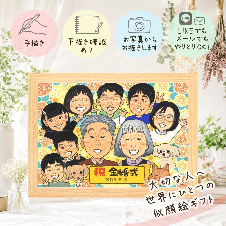 結婚記念日のお祝いに、大切な記念日を、笑顔で残せます。 似顔絵 金婚式 プレゼント 手描き ギフト 名入れ 贈り物 結婚記念日 誕生日 長寿 お祝い 大人数 祖父 ご夫婦 ご両親 家族 名入れ 修正無料 下書き確認 実績多数 宝物 一生もの かわいい 結婚50周年 一生もの 宝物 感謝 長寿 卒寿祝い 闘病中の方への励まし 初任給 カラフル 還暦祝い クリスマス 節目 引っ越し 披露宴 白寿祝い
