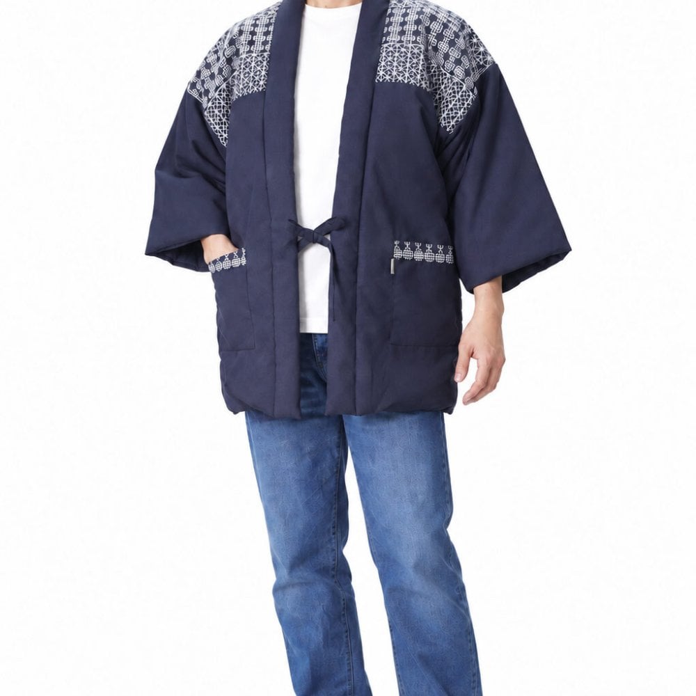 はんてん 半天 刺し子 どてら 綿入り WA-9 5203 ネイビー グレー 部屋着 メンズ 男性 防寒着 暖かい 寛ぎ着 父の日 敬老の日 ギフト クリスマス 保温 あたたかい 布団 40代 50代 60代 70代