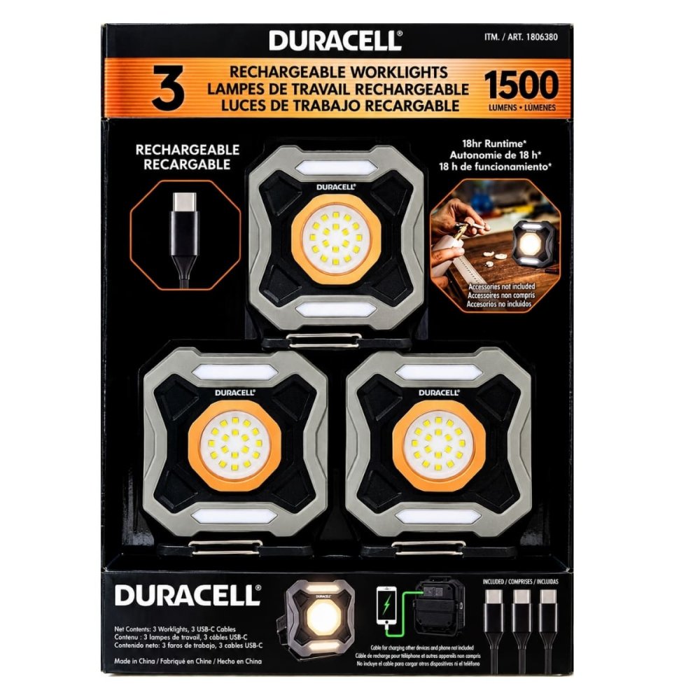 DURACELL デュラセル 1500ルーメン 充電式ワークライト 3個セット LED作灯USB-C マグネット 180度スタンド IPX4 中国製 #1806380 車庫 DIY ガレージ 倉庫 キャンプ 非常用ライト スマホ電 在庫1点のみ