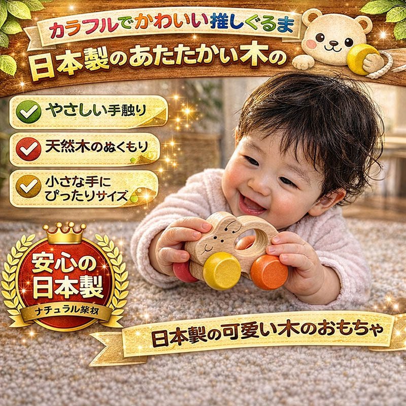 [日本製安心おもちゃ]●うさぎ車 (すべすべの赤ちゃんおもちゃ)　[ 日本グッド・トイ受賞おもちゃ  赤ちゃん おもちゃ はがため 歯がため 木のおもちゃ 車 知育玩具 出産祝い 日本製 カタカタ 男の子＆女の子 3ヶ月 4ヶ月 5ヶ月 6ヶ月 7ヶ月 8ヶ月 9ヶ月 10ヶ月 0歳 1歳 2歳 歯固め くるま あかちゃん ベビー 木育 ]