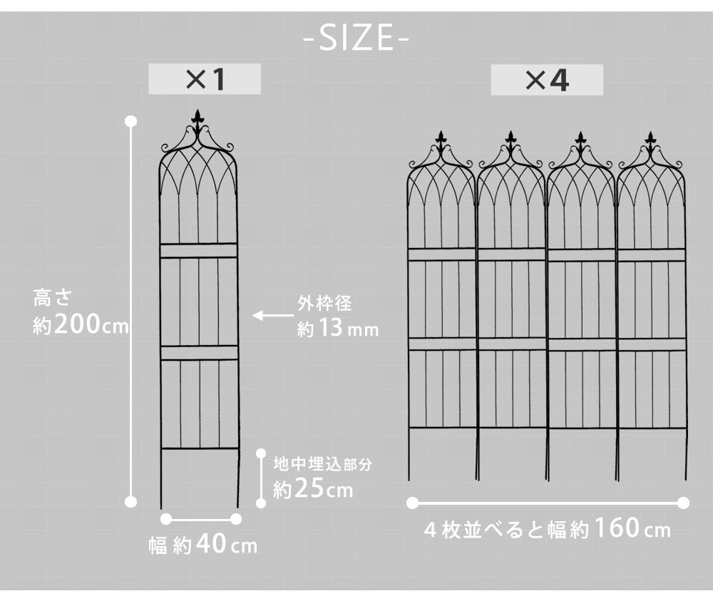 ガーデン エクステリア アイアンフェンス200 ハイタイプ "drape" ドレープ 4枚組 フェンス アイアン 枠 柵 仕切り 目隠し 境目 クラシカル アンティーク 飾る ベランダ つる 薔薇 バラ 朝顔 園芸 纏う 庭 屋外 diy 簡易 新生活