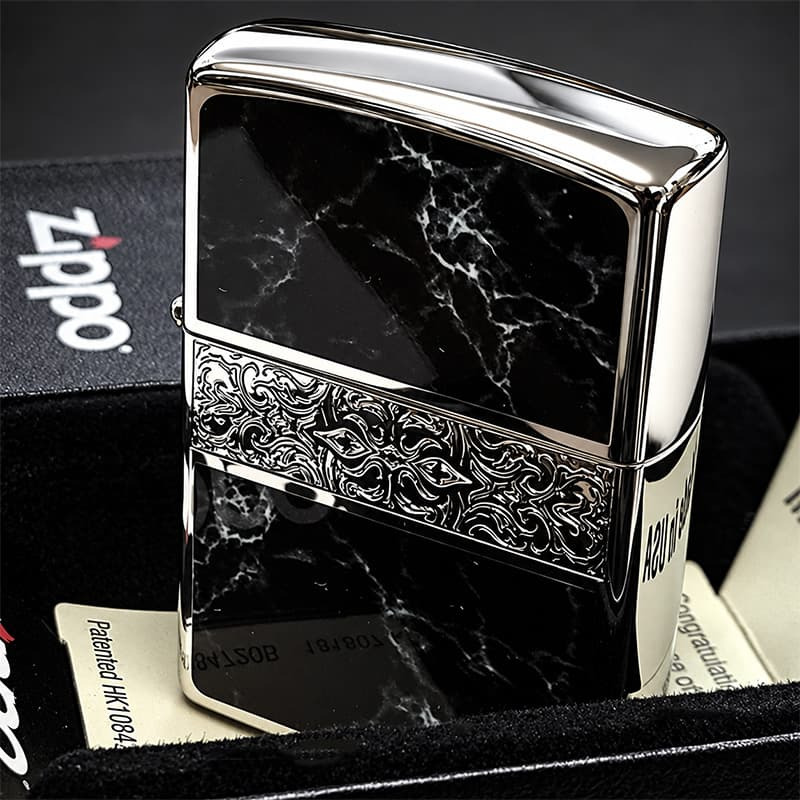 ZIPPO かっこいい アラベスク＆黒大理石 ジッポライター Arabesque Marble 両面加工 彫刻 シルバー ブラック ギフト おしゃれ 黒銀 メンズ プレゼント 送料無料
