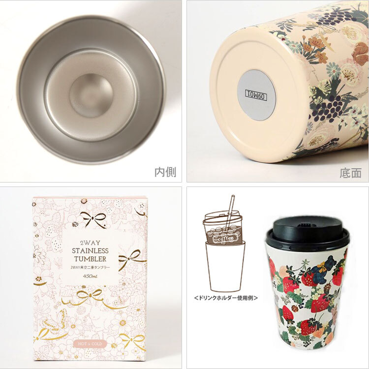 トモコハヤシ 2WAY 真空二重タンブラー 450ml 定形外 送料無料 保温保冷 林朋子 Velvetytime ドリンクホルダー カップ コップ ネコ いちご 花柄 テディベア ケーキ 気球 オフィス 仕事