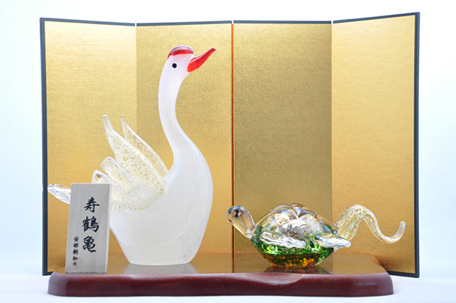 寿鶴亀 ガラス置物セット 鶴と亀の縁起物・長寿祝い・敬老の日・結婚祝いに 粋工房