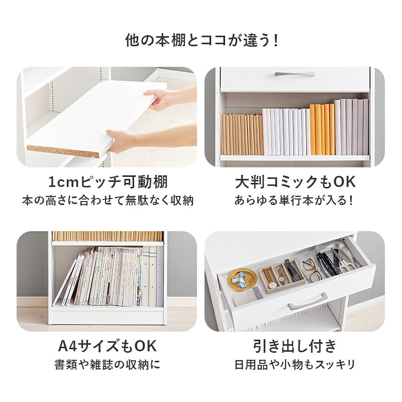 収納家具 ラック コミック 幅60 コミック約300冊収納 本棚 薄型 1cmピッチ棚板 引出し付き マンガ 漫画 文庫本 書棚 本収納 A4サイズ DVD ブックシェルフ コミックシェルフ ブック RCC-1707