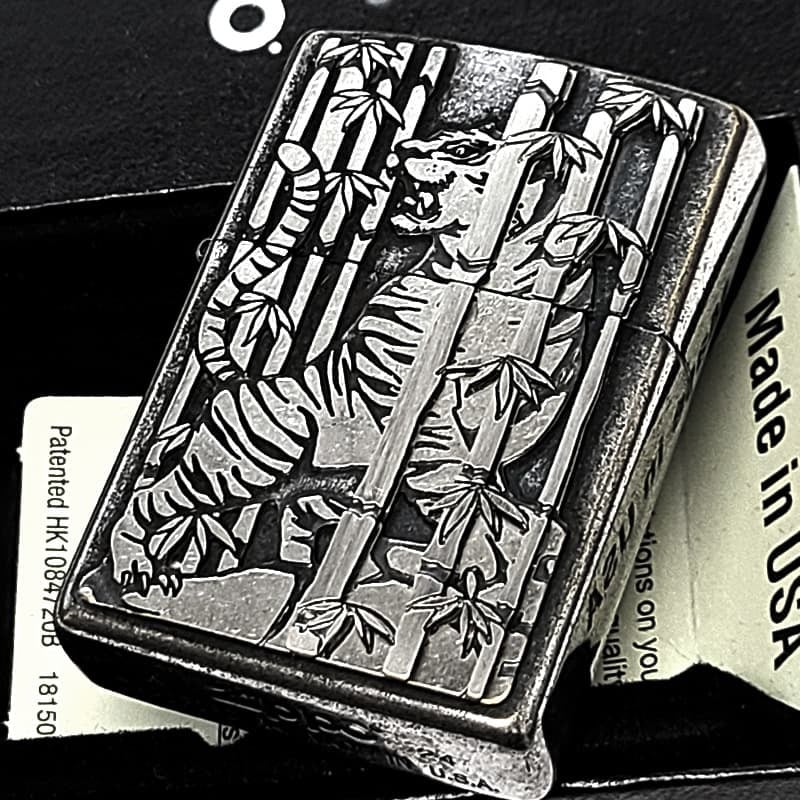 ZIPPO ライター 虎 アンティークシルバー メタル重ね貼り ジッポ クロームバレル 和柄 日本 おしゃれ タイガー かっこいい ギフト プレゼント メンズ 渋い