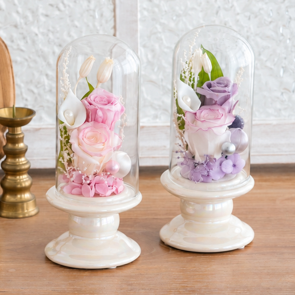☆プリザーブドフラワー お供え花 ガラスドーム仏花 ローズメモリー☆ プリザーブドフラワー お供え花 仏花 ガラスドーム仏花 プリザーブドフラワー 仏花 お供え プリザーブドフラワー ローズ バラ ピンク ラベンダー パープル 枯れない仏花 水替え不要 お手入れ簡単 ギフト プレゼント