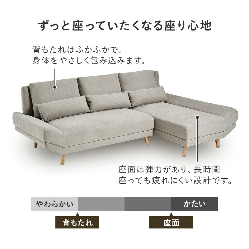 カウチソファ（右タイプ） ブライトカウチ (約)幅226×奥行150×高さ82×座面高42cm ロータイプ 天然木 ポリエステル ウレタンフォーム Sバネ 組立式 余裕のあるワイド設計 座面は男性がごろ寝できる幅とあぐらがかける奥行を確保しました 新生活
