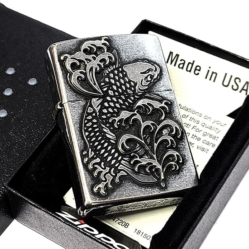 ZIPPO ライター メタル重ね貼り アンティークシルバー 鯉 ジッポ クロームバレル カープ 和柄 日本 おしゃれ かっこいい メンズ 渋い ギフト プレゼント