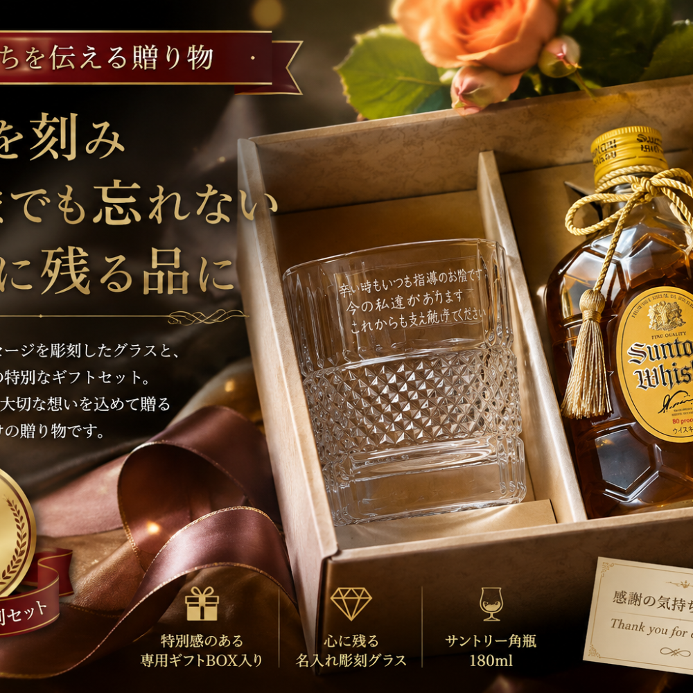 敬老の日 名入れ ギフト SXX 酒セット ウイスキー サントリーウイスキー角瓶 180ml & ダイヤプリズムロックグラス タッセル紐付 ギフトBOX入り / プレゼント ギフト 退職 記念 誕生日 還暦 古希 喜寿 傘寿 米寿 緑寿 早寿 長寿 祝い